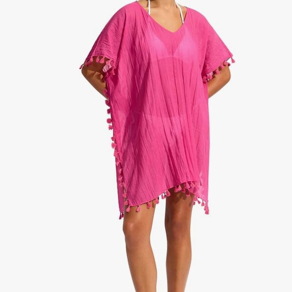 Seafolly Other - Seafolly Kaftan Tassel Trim Cotton Pink Cover Up Dress O/S